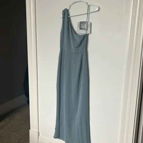 Favorite Daughter The Singles Table Blue Slate Polka Dot One-Shoulder Dress, new - Picture 9 of 9